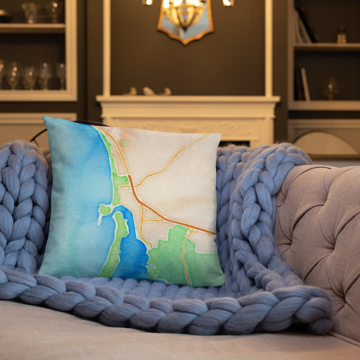 Custom Morro Bay California Map Throw Pillow in Watercolor on Cream Colored Couch