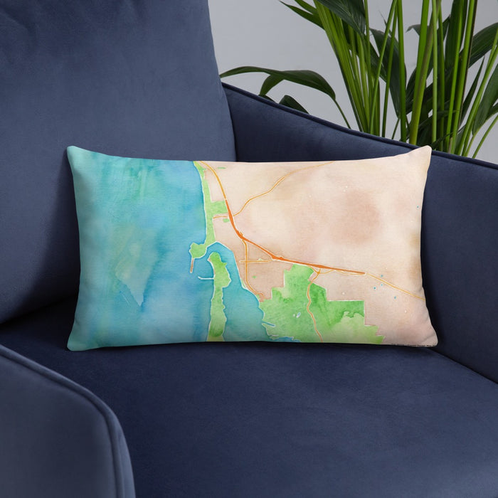 Custom Morro Bay California Map Throw Pillow in Watercolor on Blue Colored Chair