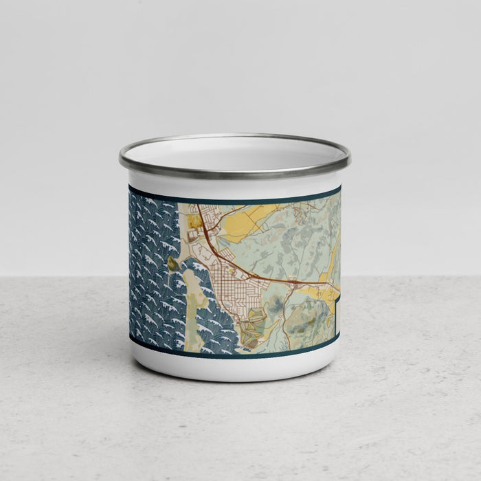 Front View Custom Morro Bay California Map Enamel Mug in Woodblock