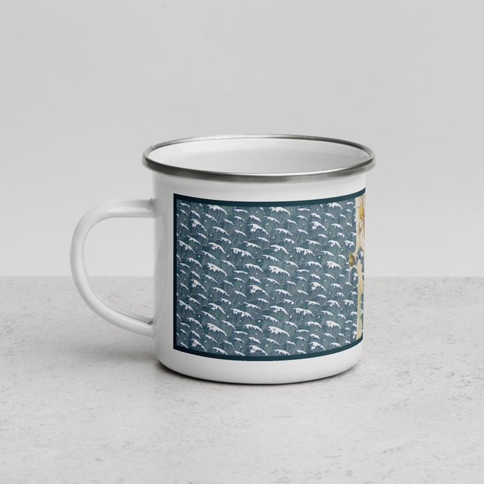 Left View Custom Morro Bay California Map Enamel Mug in Woodblock