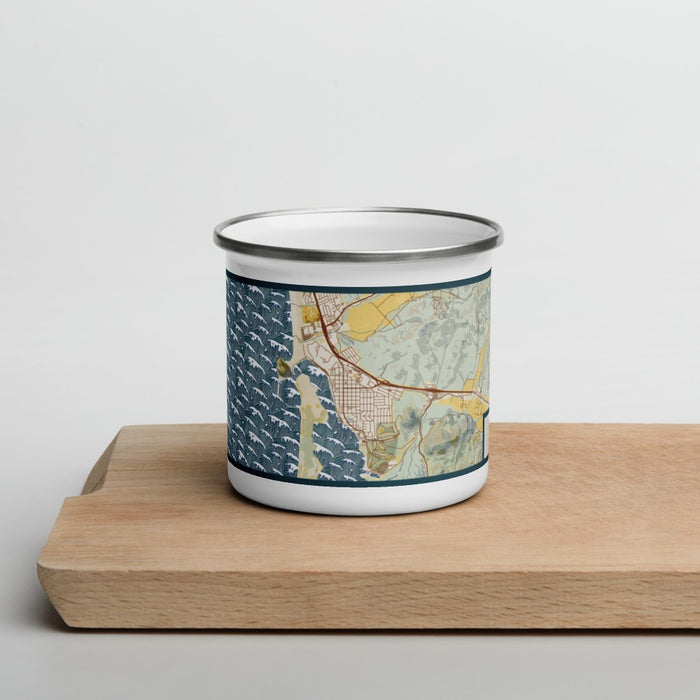 Front View Custom Morro Bay California Map Enamel Mug in Woodblock on Cutting Board