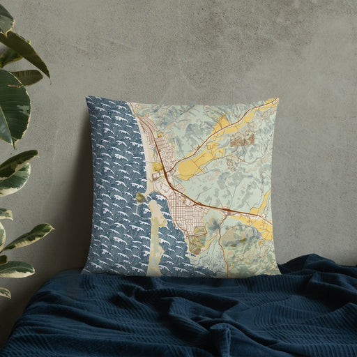 Custom Morro Bay California Map Throw Pillow in Woodblock on Bedding Against Wall