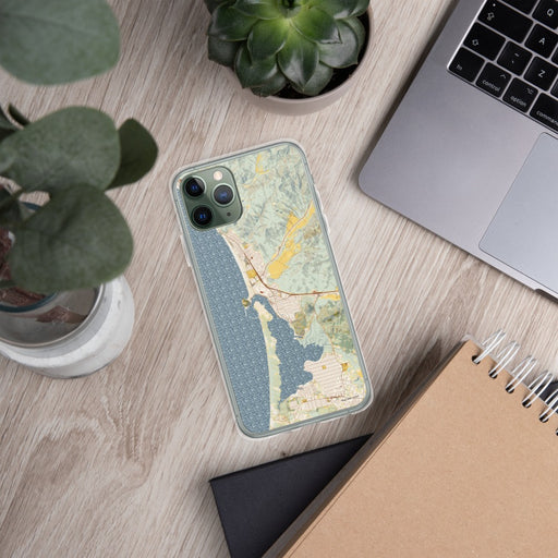 Custom Morro Bay California Map Phone Case in Woodblock on Table with Laptop and Plant