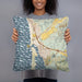 Person holding 18x18 Custom Morro Bay California Map Throw Pillow in Woodblock