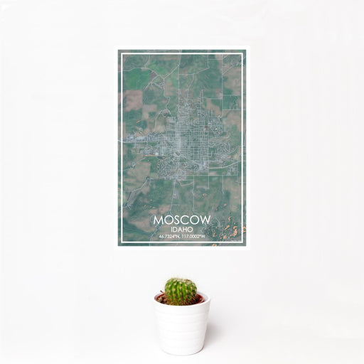 12x18 Moscow Idaho Map Print Portrait Orientation in Afternoon Style With Small Cactus Plant in White Planter