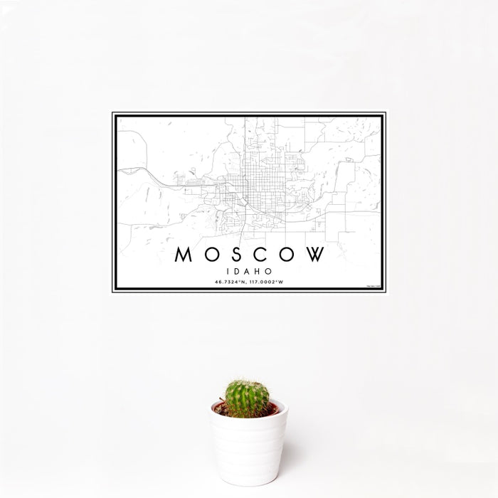 12x18 Moscow Idaho Map Print Landscape Orientation in Classic Style With Small Cactus Plant in White Planter