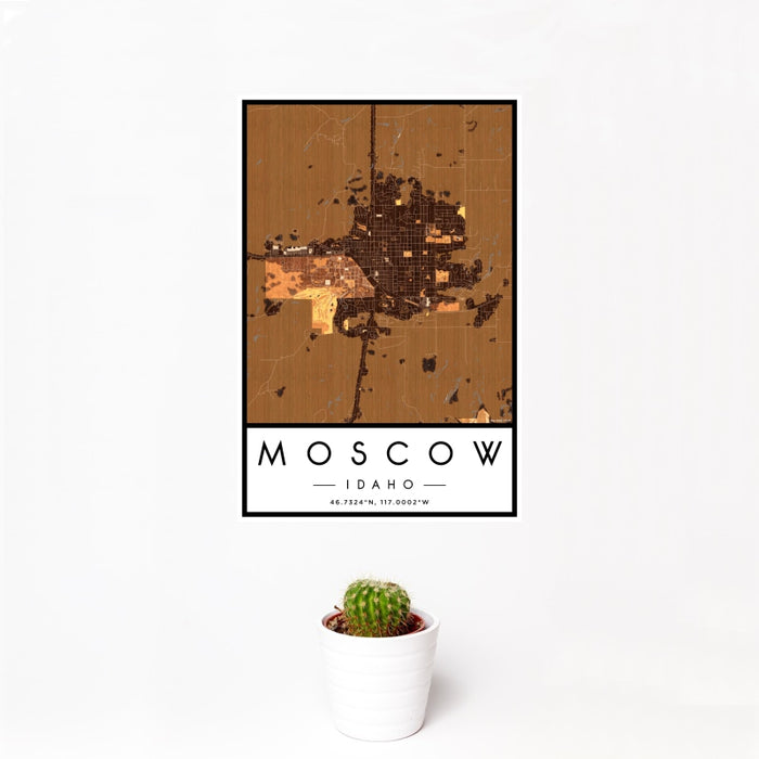 12x18 Moscow Idaho Map Print Portrait Orientation in Ember Style With Small Cactus Plant in White Planter