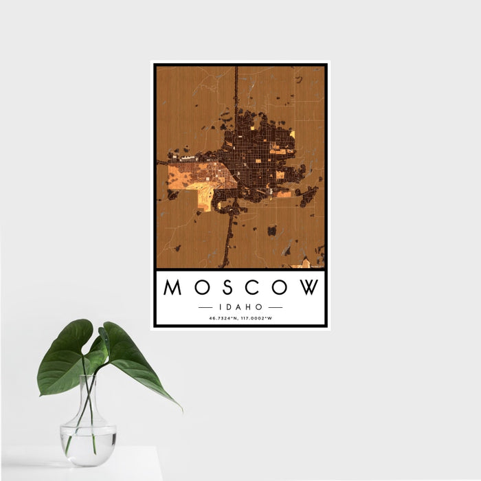 16x24 Moscow Idaho Map Print Portrait Orientation in Ember Style With Tropical Plant Leaves in Water