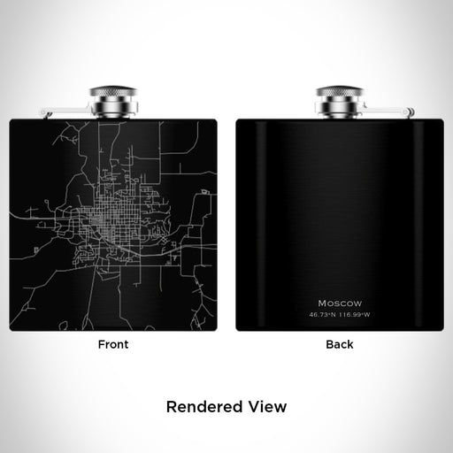 Rendered View of Moscow Idaho Map Engraving on 6oz Stainless Steel Flask in Black