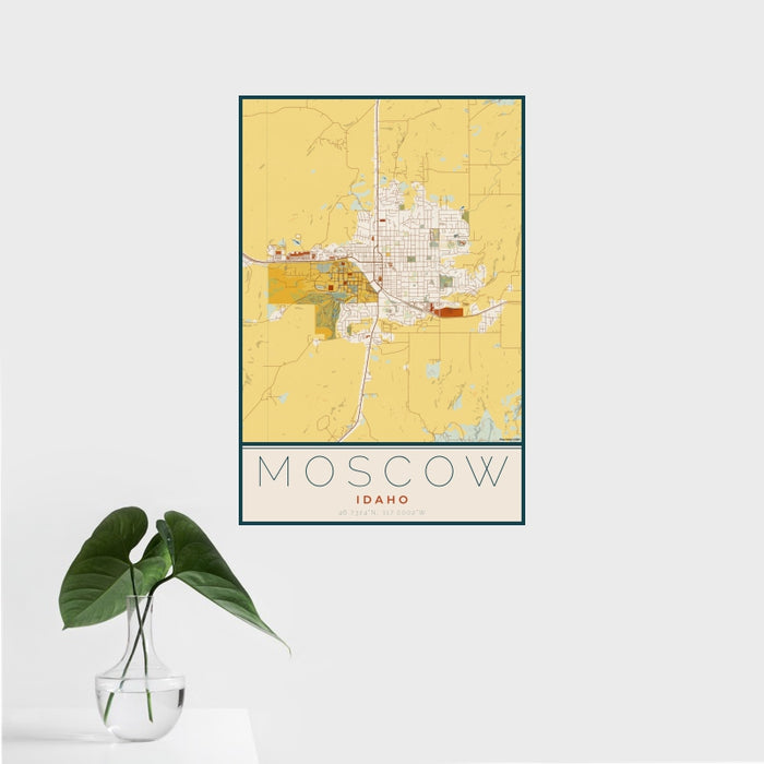 16x24 Moscow Idaho Map Print Portrait Orientation in Woodblock Style With Tropical Plant Leaves in Water