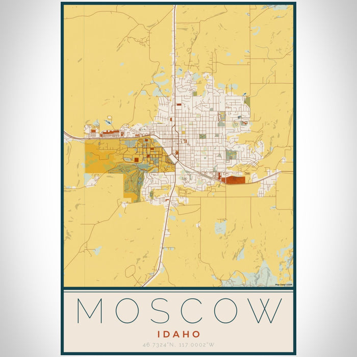 Moscow Idaho Map Print Portrait Orientation in Woodblock Style With Shaded Background