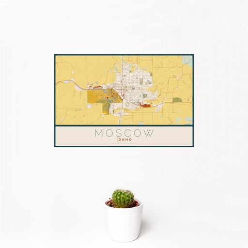 12x18 Moscow Idaho Map Print Landscape Orientation in Woodblock Style With Small Cactus Plant in White Planter