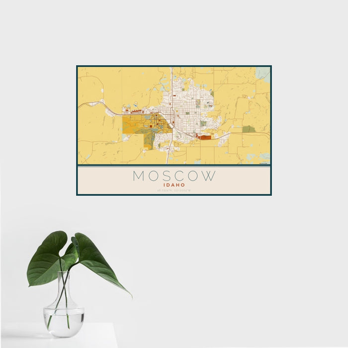 16x24 Moscow Idaho Map Print Landscape Orientation in Woodblock Style With Tropical Plant Leaves in Water
