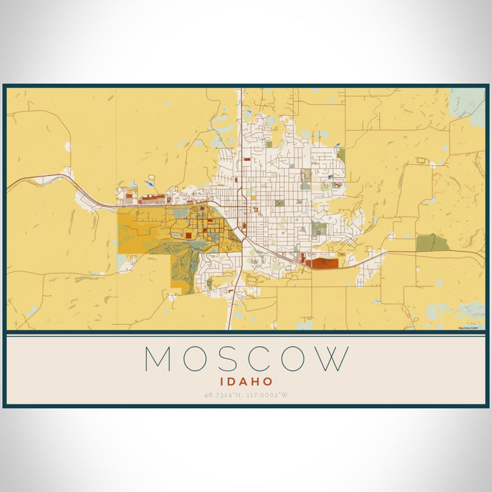 Moscow Idaho Map Print Landscape Orientation in Woodblock Style With Shaded Background