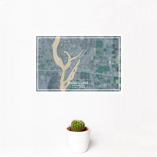 12x18 Moses Lake Washington Map Print Landscape Orientation in Afternoon Style With Small Cactus Plant in White Planter