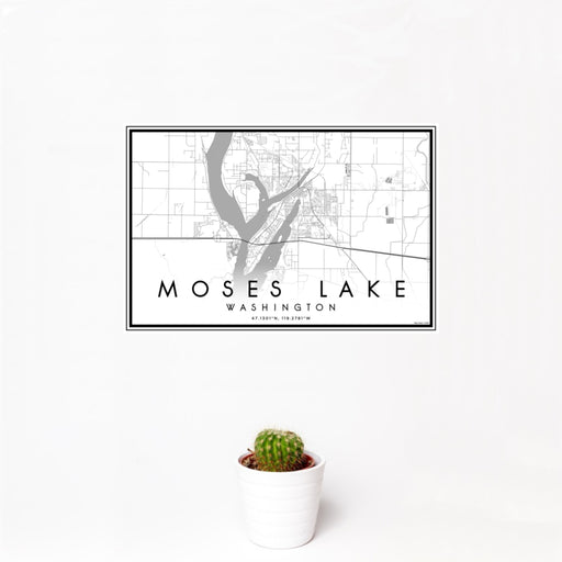 12x18 Moses Lake Washington Map Print Landscape Orientation in Classic Style With Small Cactus Plant in White Planter