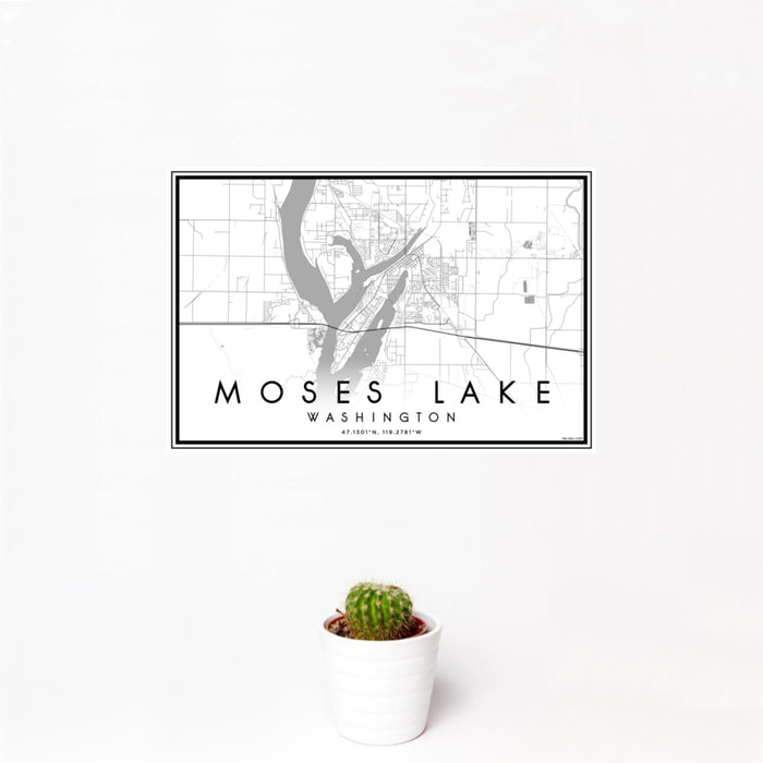 12x18 Moses Lake Washington Map Print Landscape Orientation in Classic Style With Small Cactus Plant in White Planter