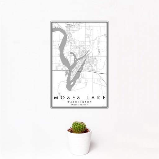 12x18 Moses Lake Washington Map Print Portrait Orientation in Classic Style With Small Cactus Plant in White Planter