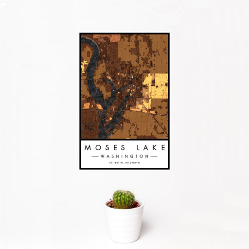 12x18 Moses Lake Washington Map Print Portrait Orientation in Ember Style With Small Cactus Plant in White Planter