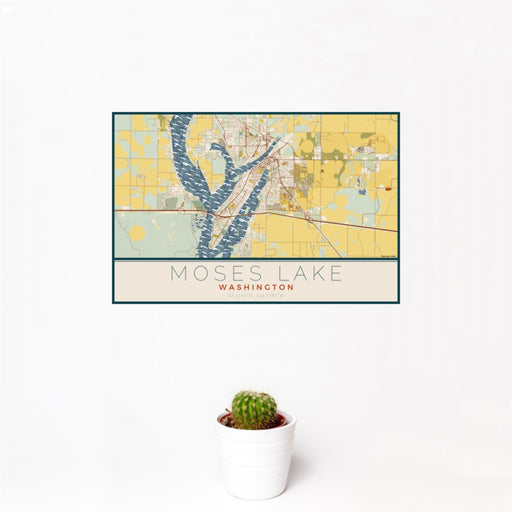 12x18 Moses Lake Washington Map Print Landscape Orientation in Woodblock Style With Small Cactus Plant in White Planter