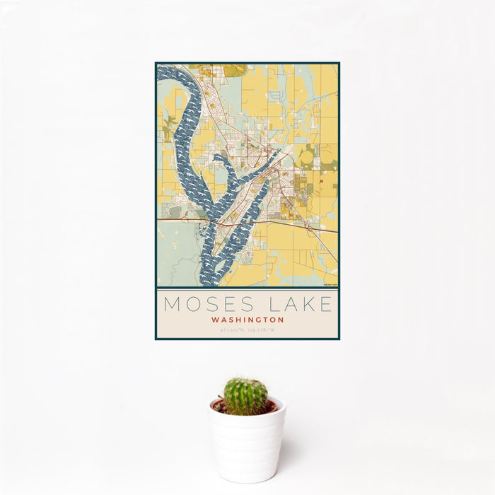 12x18 Moses Lake Washington Map Print Portrait Orientation in Woodblock Style With Small Cactus Plant in White Planter