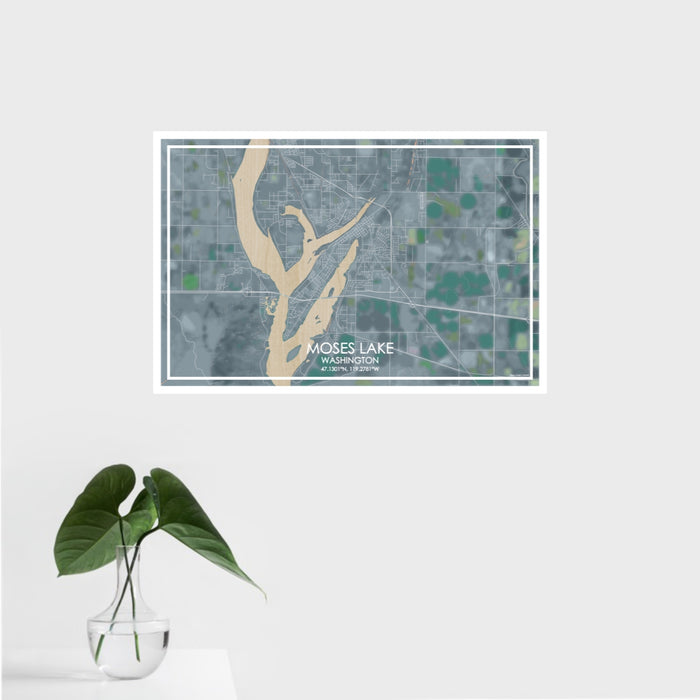 16x24 Moses Lake Washington Map Print Landscape Orientation in Afternoon Style With Tropical Plant Leaves in Water