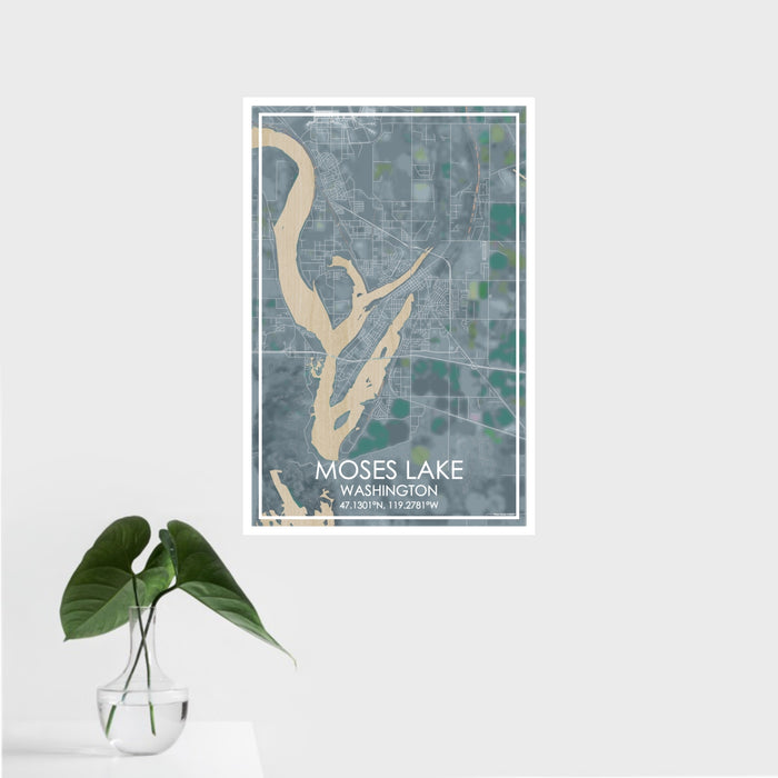 16x24 Moses Lake Washington Map Print Portrait Orientation in Afternoon Style With Tropical Plant Leaves in Water