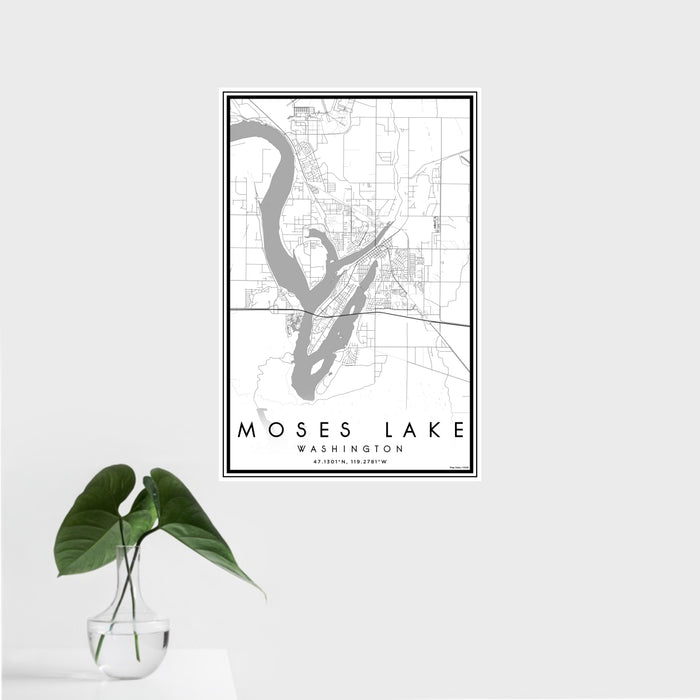 16x24 Moses Lake Washington Map Print Portrait Orientation in Classic Style With Tropical Plant Leaves in Water