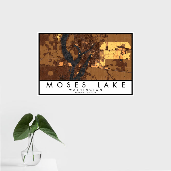 16x24 Moses Lake Washington Map Print Landscape Orientation in Ember Style With Tropical Plant Leaves in Water
