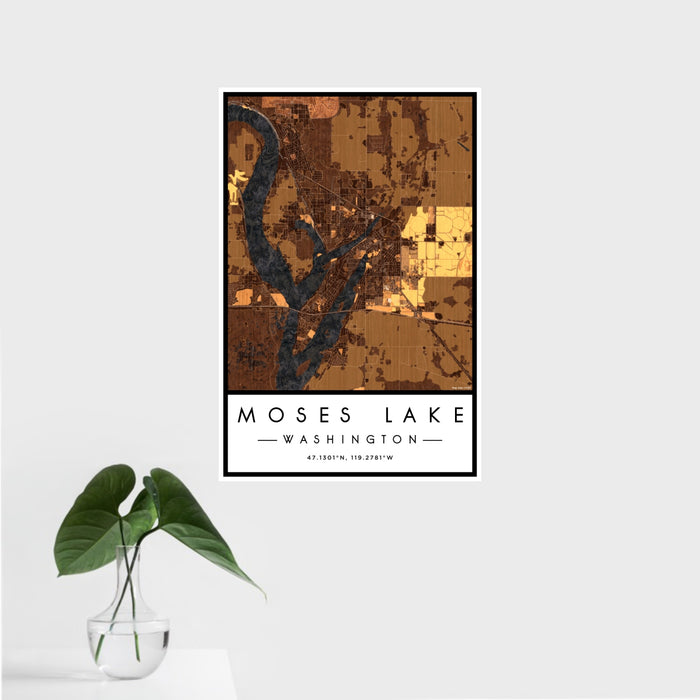 16x24 Moses Lake Washington Map Print Portrait Orientation in Ember Style With Tropical Plant Leaves in Water