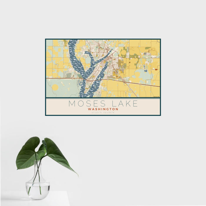 16x24 Moses Lake Washington Map Print Landscape Orientation in Woodblock Style With Tropical Plant Leaves in Water