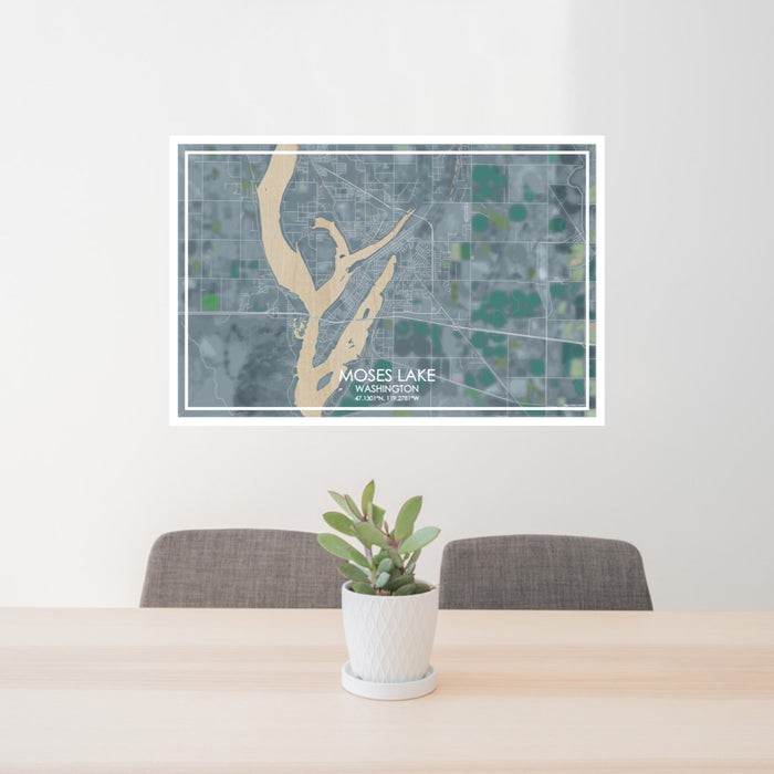 24x36 Moses Lake Washington Map Print Lanscape Orientation in Afternoon Style Behind 2 Chairs Table and Potted Plant