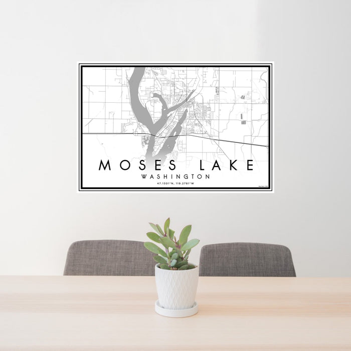 24x36 Moses Lake Washington Map Print Lanscape Orientation in Classic Style Behind 2 Chairs Table and Potted Plant