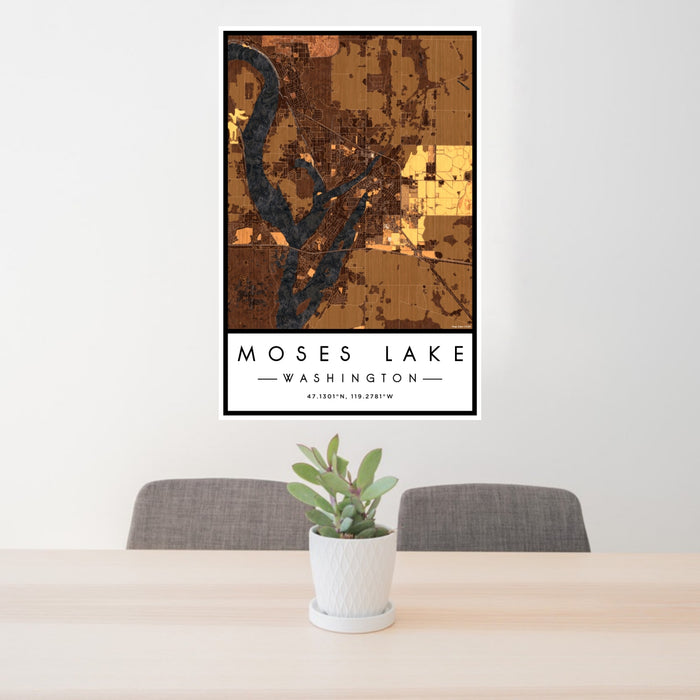 24x36 Moses Lake Washington Map Print Portrait Orientation in Ember Style Behind 2 Chairs Table and Potted Plant