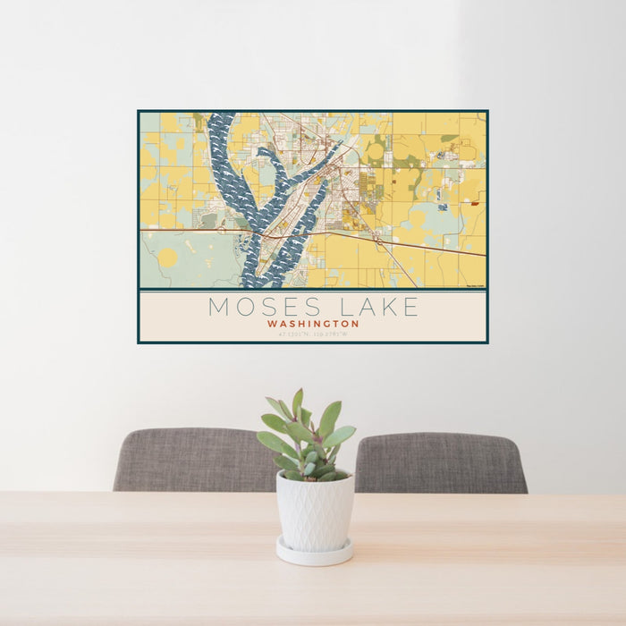 24x36 Moses Lake Washington Map Print Lanscape Orientation in Woodblock Style Behind 2 Chairs Table and Potted Plant