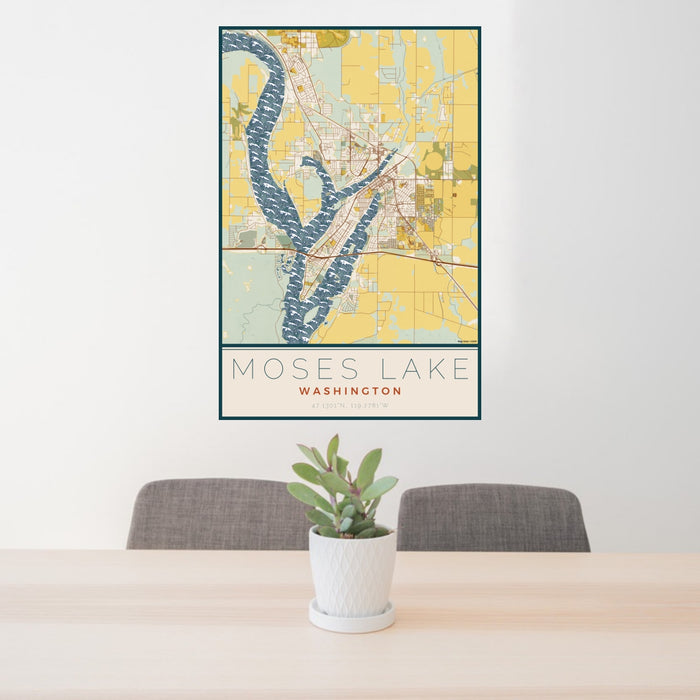 24x36 Moses Lake Washington Map Print Portrait Orientation in Woodblock Style Behind 2 Chairs Table and Potted Plant