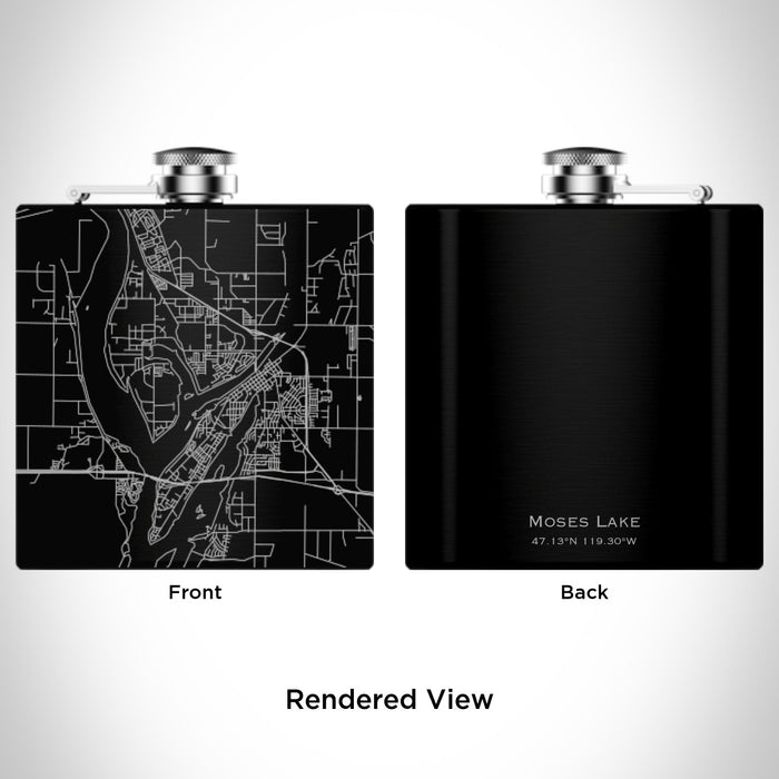 Rendered View of Moses Lake Washington Map Engraving on 6oz Stainless Steel Flask in Black