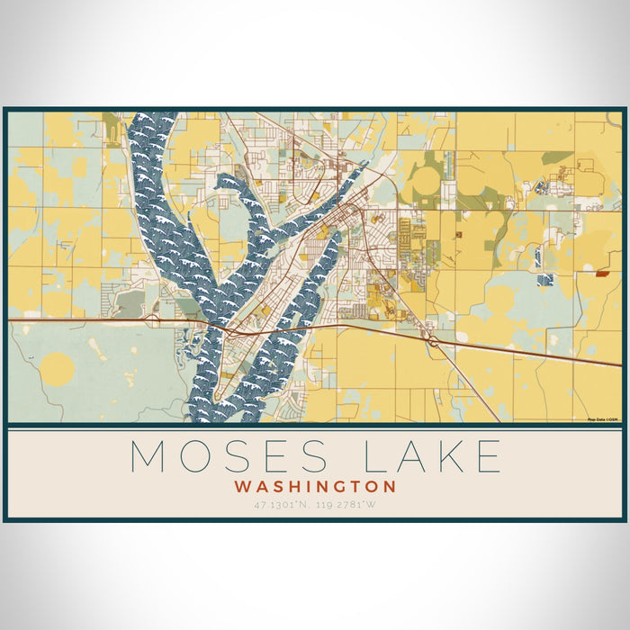 Moses Lake Washington Map Print Landscape Orientation in Woodblock Style With Shaded Background