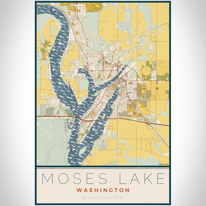Moses Lake Washington Map Print Portrait Orientation in Woodblock Style With Shaded Background