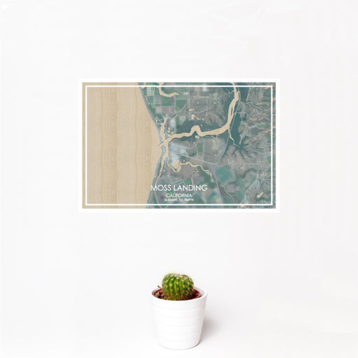 12x18 Moss Landing California Map Print Landscape Orientation in Afternoon Style With Small Cactus Plant in White Planter
