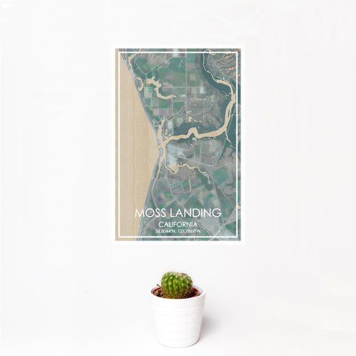 12x18 Moss Landing California Map Print Portrait Orientation in Afternoon Style With Small Cactus Plant in White Planter