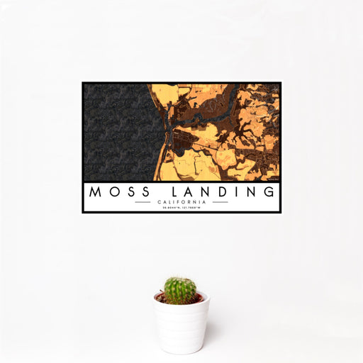 12x18 Moss Landing California Map Print Landscape Orientation in Ember Style With Small Cactus Plant in White Planter