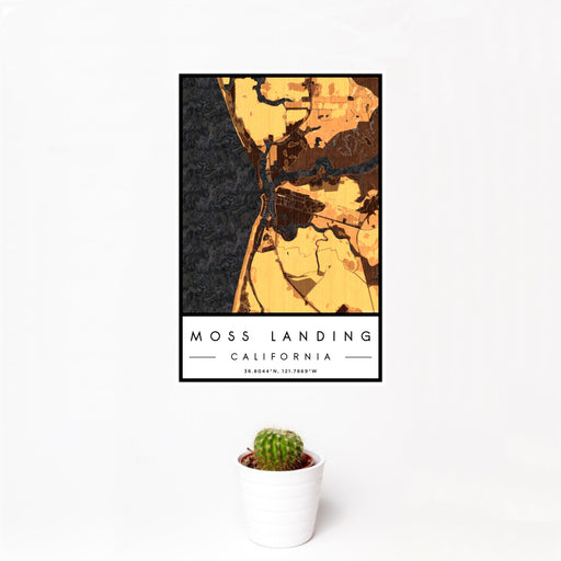 12x18 Moss Landing California Map Print Portrait Orientation in Ember Style With Small Cactus Plant in White Planter