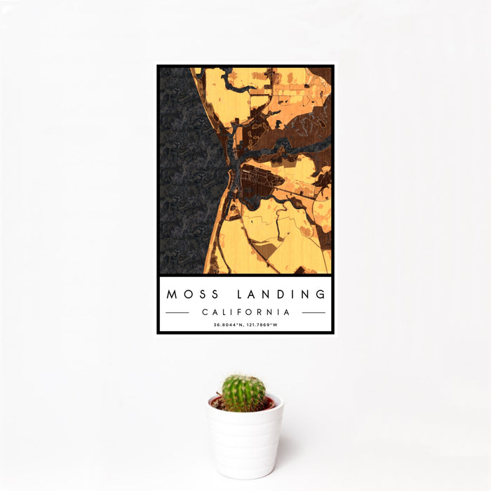 12x18 Moss Landing California Map Print Portrait Orientation in Ember Style With Small Cactus Plant in White Planter