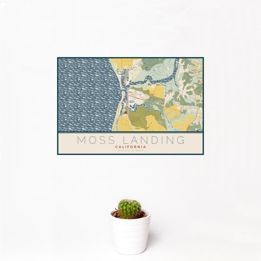 12x18 Moss Landing California Map Print Landscape Orientation in Woodblock Style With Small Cactus Plant in White Planter