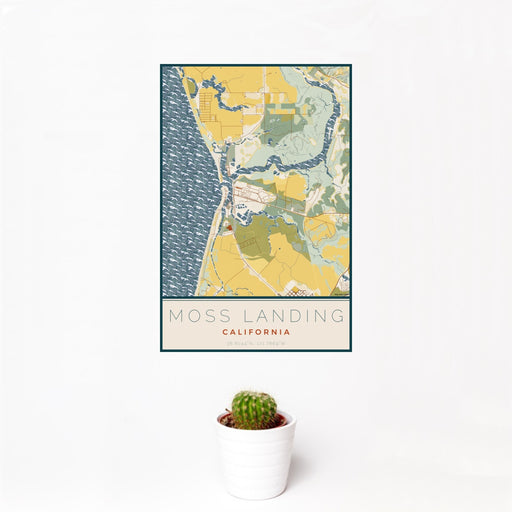 12x18 Moss Landing California Map Print Portrait Orientation in Woodblock Style With Small Cactus Plant in White Planter