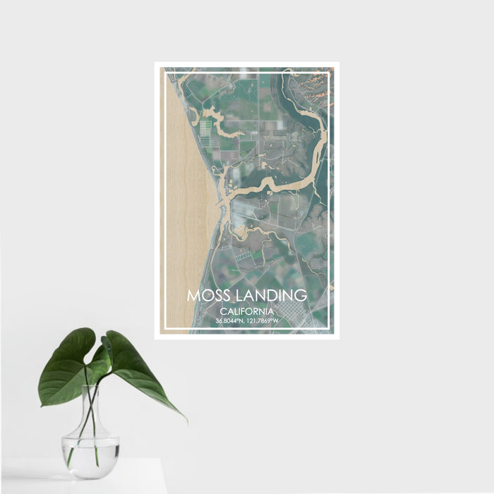 16x24 Moss Landing California Map Print Portrait Orientation in Afternoon Style With Tropical Plant Leaves in Water
