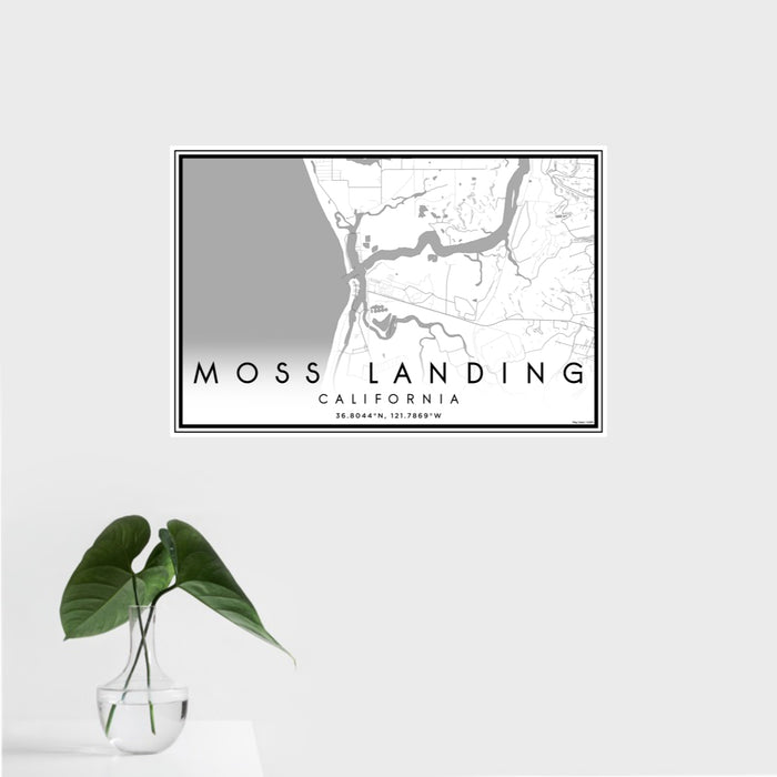 16x24 Moss Landing California Map Print Landscape Orientation in Classic Style With Tropical Plant Leaves in Water