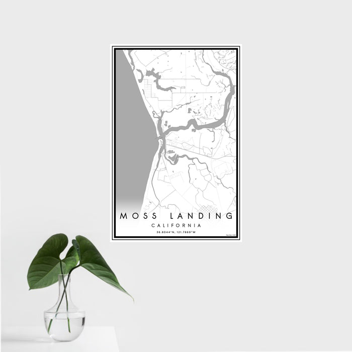 16x24 Moss Landing California Map Print Portrait Orientation in Classic Style With Tropical Plant Leaves in Water