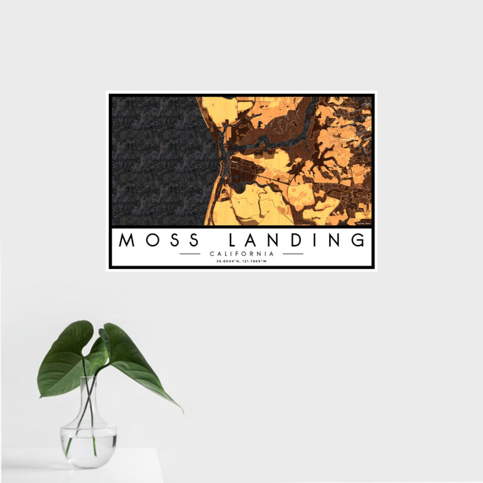 16x24 Moss Landing California Map Print Landscape Orientation in Ember Style With Tropical Plant Leaves in Water